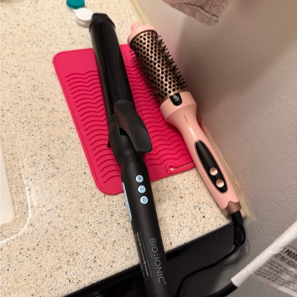 Bio Ionic Black Curling Iron and Pink Hair Brush Set